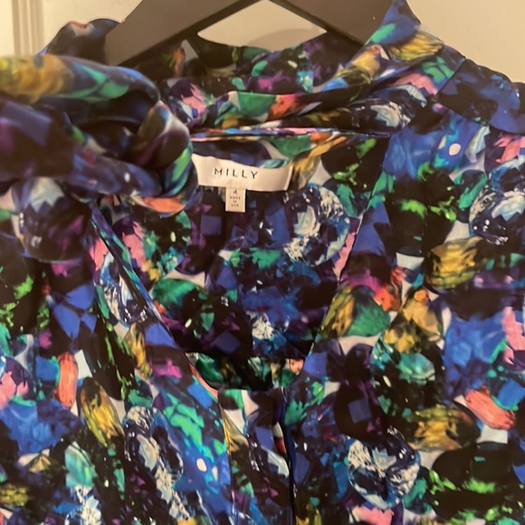 Long sleeve diamond 💎 print silk tie blouse by Milly size 4 small made in USA - Picture 2 of 6